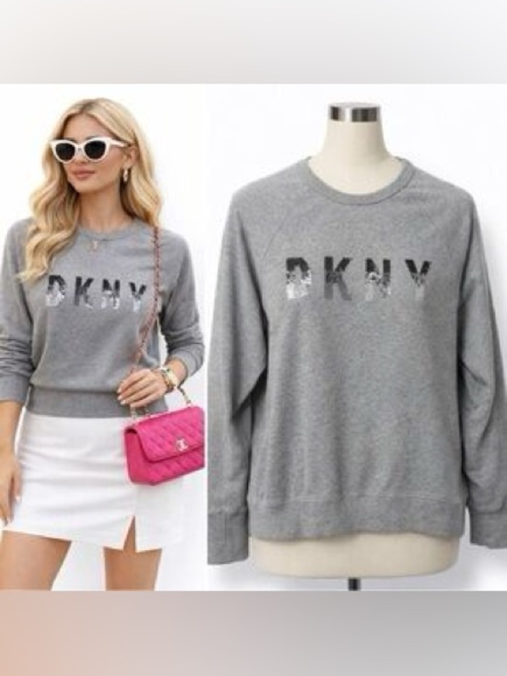 Woman’s SM DKNY Gray Crewneck Sweatshirt with Shiny Logo